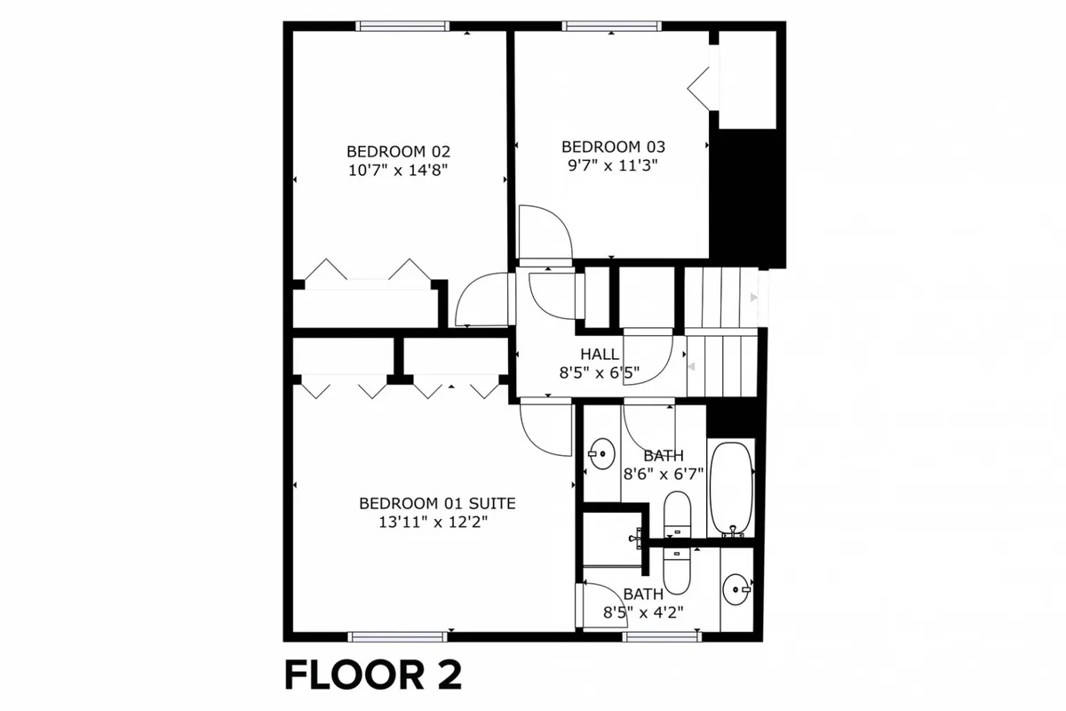 This image showcases a serene bedroom with soft bedding, a sunlit hallway, and glimpses of a bathroom beyond. The composition emphasizes privacy, restfulness, and easy navigation between sleeping and bathroom spaces—just as described in the section.