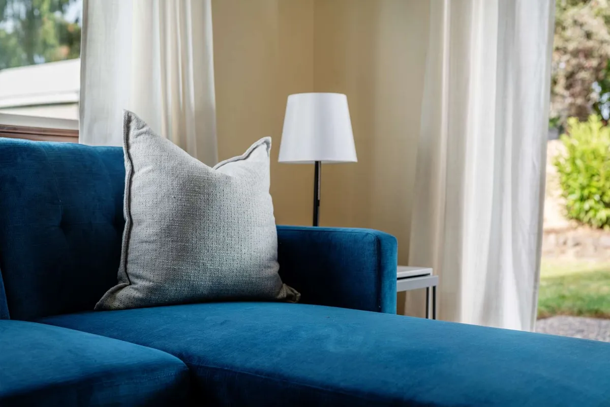 A cozy living room setup featuring a blue couch, decorative pillow, and a lamp offers a welcoming and stylish space. Soft daylight streams in, hinting at a pleasant atmosphere that could extend to an adjacent backyard or pet-friendly area.